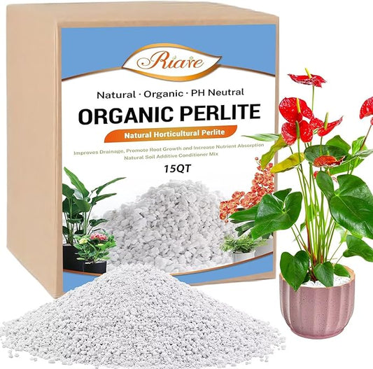 Riare 15 Quarts Organic Perlite for Plants - Horticultural Perlite Soil Amendment for Plants Potting Mix, Natural Chunky Perlite Soil Additive Conditioner Improve Root Growth, Drainage and Ventilation