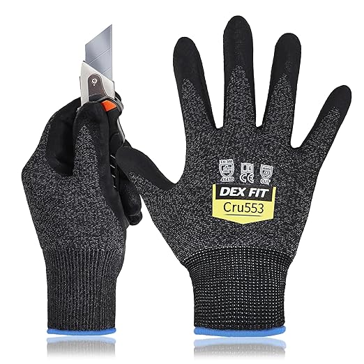 DEX FIT Level 5 Cut Resistant Gloves Cru553, 3D-Comfort Fit, Firm Grip, Thin, Touch-Screen, Durable, Breathable; 3 Pairs (Blackgrey, Large (3 Pair))