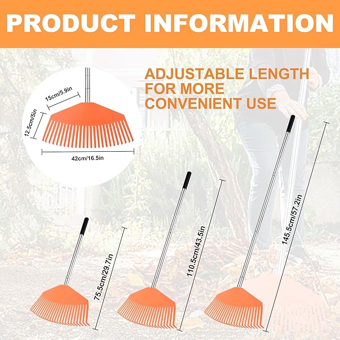 Leaf Rake16.5 Wide Adjustable Handle Leaf Rake - Plastic Head, Lightweight, Soft & Lawn-Friendly - Ideal for Women & Kids - Orange