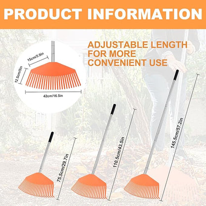 Leaf Rake16.5 Wide Adjustable Handle Leaf Rake - Plastic Head, Lightweight, Soft & Lawn-Friendly - Ideal for Women & Kids - Orange