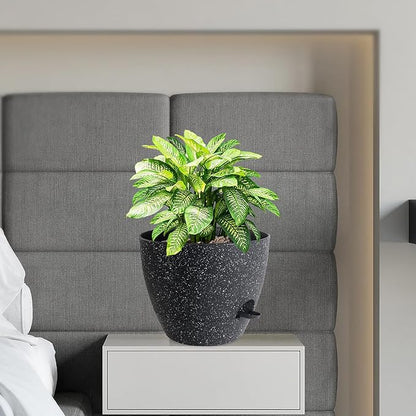 12 inch Large Self Watering Pots, Planter, Plant Pots with Mesh Drainage Holes for Indoor Outdoor House Plants and Garden, Plastic Flower Pots with Deep Reservoir, Speckled Black