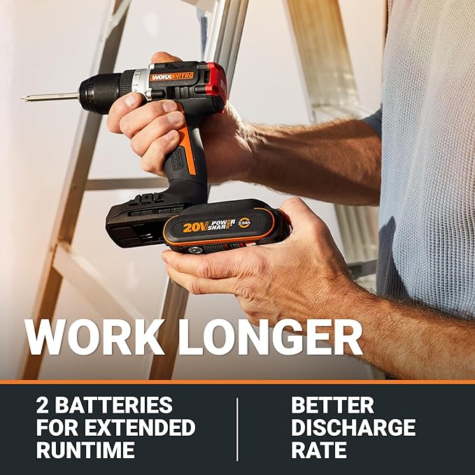 Worx Nitro 20V Cordless 1/2" Drill Driver With Brushless Motor - Compact & Lightweight Set Only 6" and 3 lbs. - Power Share Compatible WX130L - Batteries & Charger Included, Black
