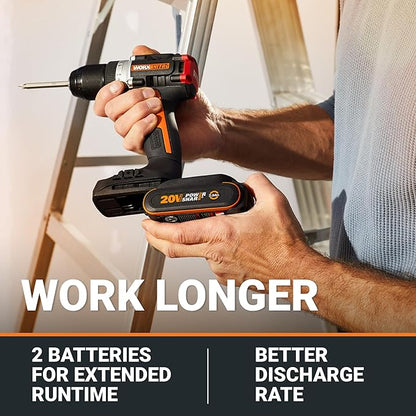 Worx Nitro 20V Cordless 1/2" Drill Driver With Brushless Motor - Compact & Lightweight Set Only 6" and 3 lbs. - Power Share Compatible WX130L - Batteries & Charger Included, Black
