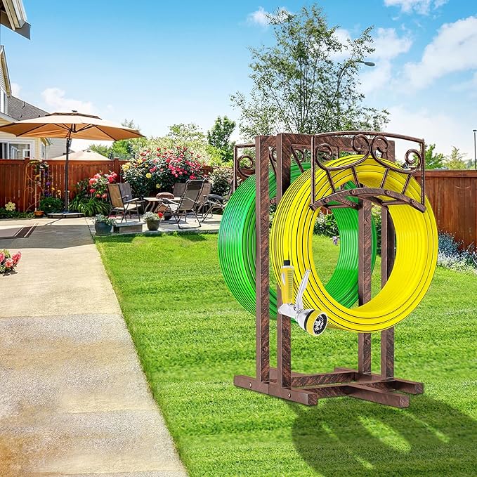 Garden Hose Holder, Heavy Duty Metal Water Hose Holders Hose Stand with 5 Spikes, Freestanding Hose Storage Rack Hose Hanger Holds 150ft Hose for Outside Yard Lawn Garden Decor (Vintage Copper-2P)