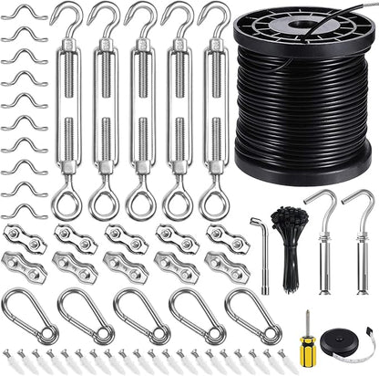 BLIKA String Light Hanging Kits, 170FT Coated Stainless Steel 304 Wire Rope, Outdoor Light Guide Wire, Globe String Light Suspension Kit Included Turnbuckles, Enough Accessories, Use Manual