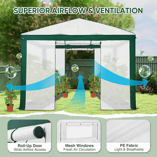 EAGLE PEAK 10x10 Portable Walk in Greenhouse with Polyester Reinforced Corners, Instant Pop up Indoor Outdoor Gardening Green House, Roll Up Zipper Entry Doors and Mesh Windows, Green/White