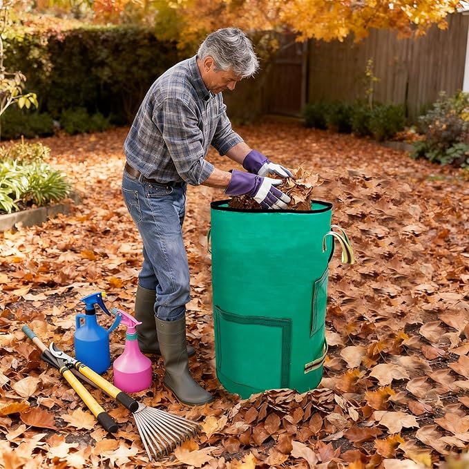 Reusable Garden Yard Waste Bag – 14.39Gallon Breathable Thickened Reusable Lawn Bag, with 4 Handles for Easy Moving & Foldable Design, for Leaf & Miscellaneous Debris Collection(Green)