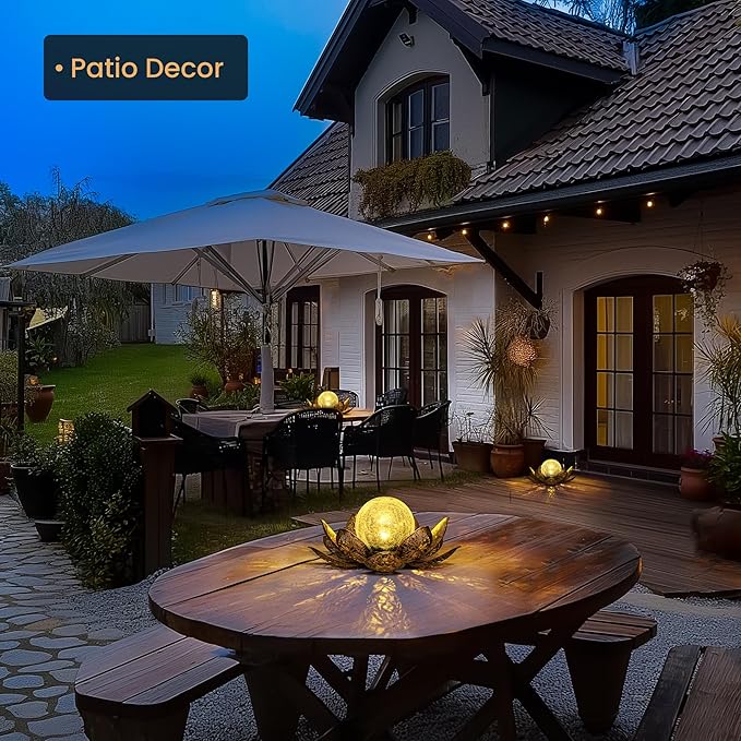GIGALUMI Solar Lights Outdoor Garden Decor, Adjustable Metal Petal Lotus Flower Lights Crackle Globe Glass Lantern Outdoor Table Decor Waterproof for Patio, Lawn, Pathway, Pond, Christmas Gift