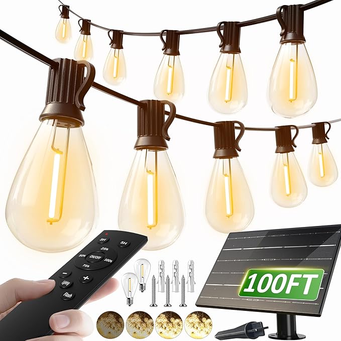 luckystyle 100FT Solar String Lights Outdoor Waterproof 2200K with Remote & USB Charging, 36+2 LED Shatterproof Bulbs, Dimmable & Timable, 3 Light Modes, Long Last for Garden,Patio, Backyard, Camping