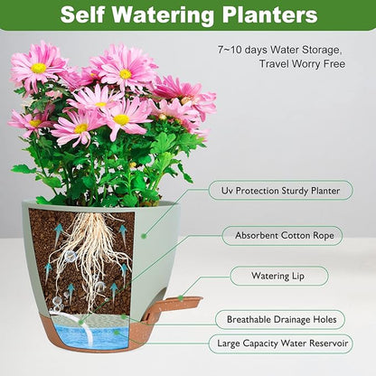Plant Pots, Self Watering Planters for Indoor Plants with Drainage Hole, Plastic Flower Pot for Succulents, African Violet (Green, 12/10/9)