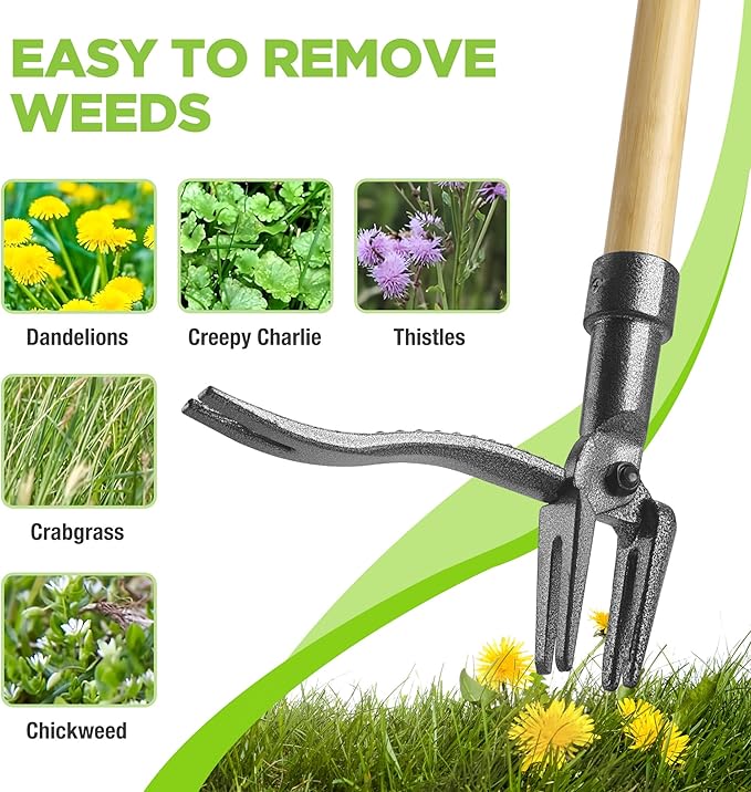 WORKPRO Weed Puller Tool with 44” Bamboo Handle, Heavy-Duty 4-Claw Cast Iron Head, Stand-Up Weeder with Foot Pedal for Dandelions, Thistles, Crabgrass, Easy Root Removal Without Bending or Kneeling