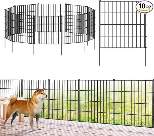 Metal Garden Fence 28in (H) x 23.3ft (L), 10 Panels + 11 Stakes Dog Fence Border Fence Animal Barrier, No Dig Garden Fencing for Yard Flower Bed Lawn Patio Outdoor, PIN282810 Black