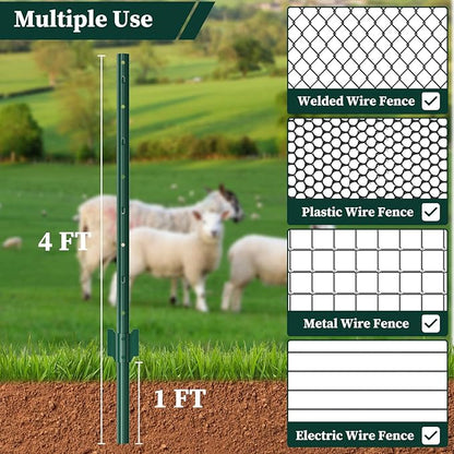 10 Pack Garden Fence Post, 4 Feet Heavy Duty Metal U-Post for Wire Fence, No Dig Garden Fence Stakes for Temporary Fencing, Electric Fence Wire, Corner Anchor, and More-Green