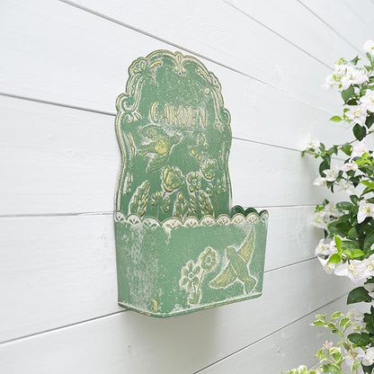 BIG FORTUNE Metal Wall Mount Planter Wall Vases for Flowers Shabby Chic Decor for Rustic Farmhouse Outdoor Decor (Green)