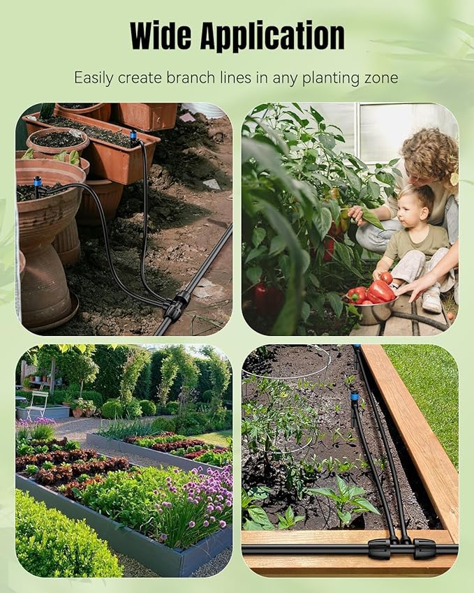 Pawfly 12 Pcs 1/2'' to 1/4'' Drip Irrigation Fittings, 4-Way Barbed Tee Quick Connectors with Anti-Drop Locked Nuts, Push-to-Fit Drip Irrigation Parts for Garden Lawn, Anti-Leak Reducing Tees