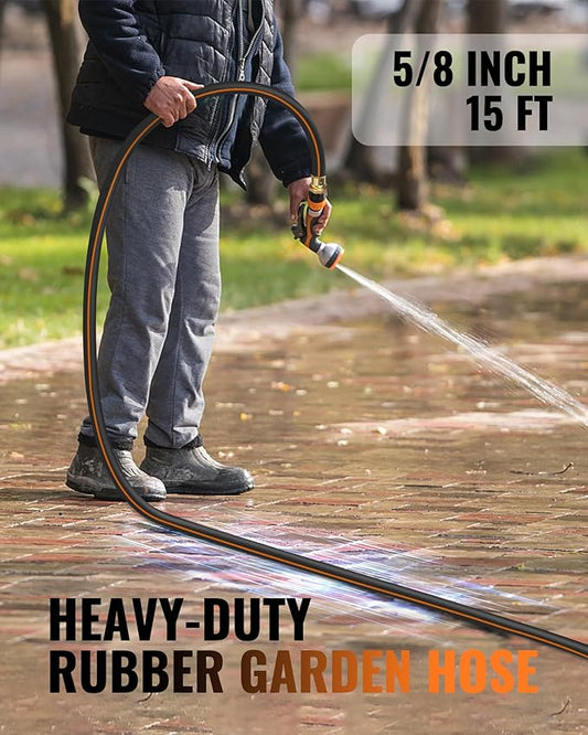 15FT x 5/8" Rubber Garden Hose, Heavy Duty Garden Hose, 300 PSI Working, 1000 PSI Burst, Swivel Handle with Stainless Steel Ring, 5-Layer Braided, All-Weather Outdoor Use, BG15GH06