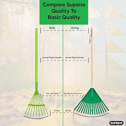 Superio Kids Garden Rakes, 2 Pack, Rakes with Wooden Handle, Plastic Head, 34" (Green)