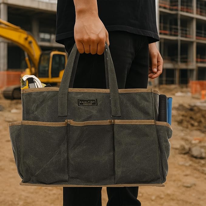 Tool Tote Bag, Heavy Duty 16oz Waxed Canvas Garden Tool Bag | Portable 11-Pocket Tool Storage Bag for Gardener Electrician Contractor Repairman (14"L x 5.5"W x 10.5"H) – Army Green