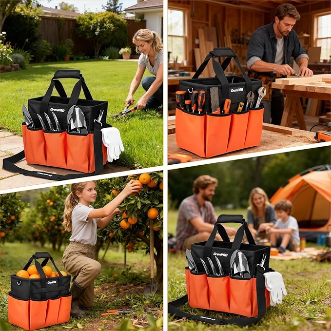 Garden Tool Bag Organizer, Heavy Duty Gardening Tote Toolbox with 10 Pockets, Adjustable Shoulder Strap, Standable & Foldable for Tool Storage, Home Garden Kit, Orange (Tools Not Included)