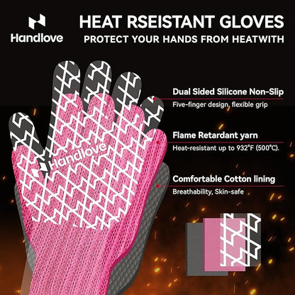 HandLove BBQ Gloves, Oven Gloves with Fingers – Heat Resistant Gloves for Grilling | Silicone Grip, Long Cuff Mitts - Kitchen & Outdoor Barbecue, Cooking, Baking, Pink S
