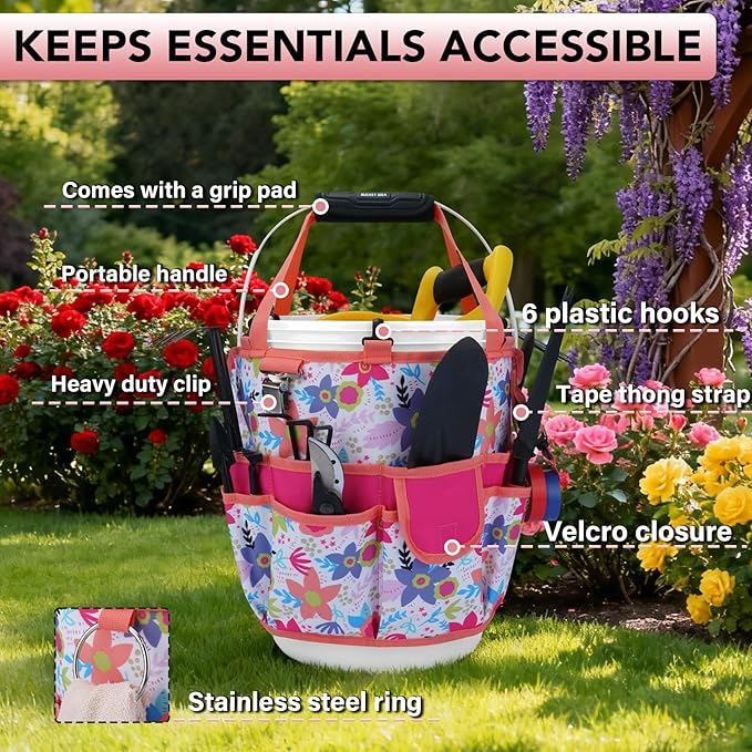 KUNN 5 Gallon Bucket Organizer 18-Pocket Bucket Tool Bag with Hangable Handle, Heavy-Duty Garden Tool Organizer Bag for Gardening Tools, Fits 3.5-5 Gal Buckets, Includes Comfort Grip Pad, Red