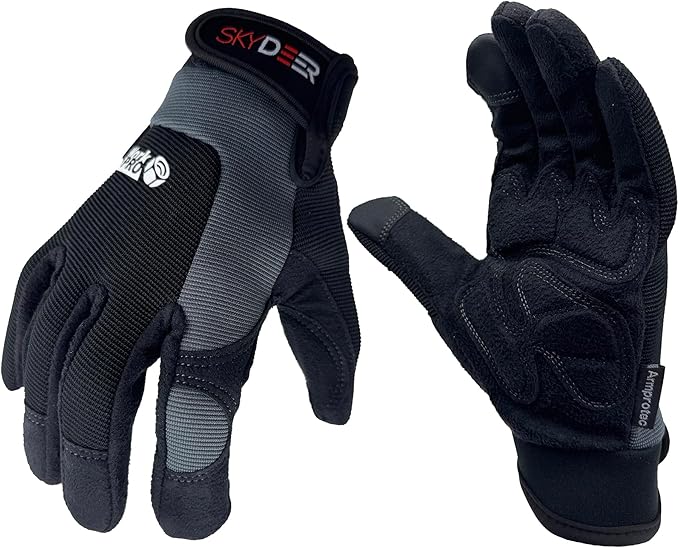 SKYDEER Touch Screen Leather Work Gloves for Men, Impact Protection, Vibration Reduction, Machine Washable Gardening Gloves (SD8820G/S)