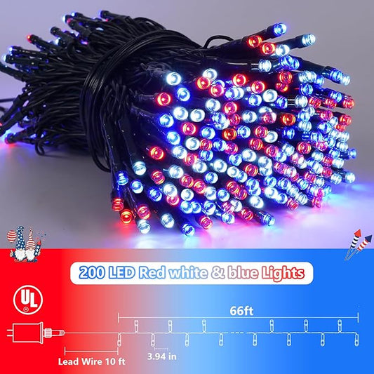 YEGUO 4th of July Decorations Red White and Blue Lights, 66ft 200 LED String Light Plug in with 8 Modes Memory for Patriotic Independence Memorial Day Decor