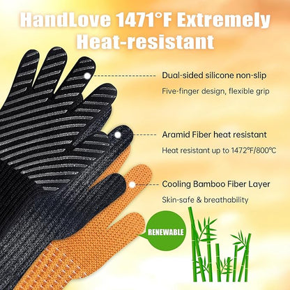 HandLove BBQ Gloves, Oven Gloves with Fingers –1472℉ Heat Resistant Gloves for Grilling | Aramid Retardant Non-Slip Grip, Bamboo-Lining Fire, Black,L