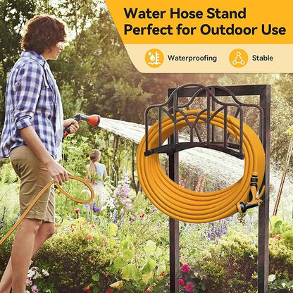 Garden Hose Holder Hanger Freestanding, Upgraded 4-Spike Heavy Duty Storage Reel Stand, Holds 150ft Hose for Outside Yard Lawn (Rustic Line, Metal)