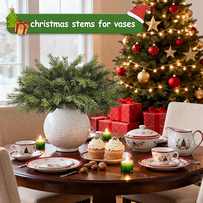 Artgar 24 Pcs Christmas Pine Branches - 18" Realistic Artificial Greenery Pine Stems - Real Touch Faux Cedar Picks for Vase, DIY Garland Wreath Home Indoor Outdoor Xmas Decorations