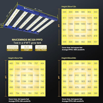 320W Led Grow Lights for Indoor Plants Full Spectrum Foldable and dimmable LED Grow Lights Daisy Chain 3x3/4x4ft Coverage Bar Style Growing Lamp for Indoor Plants