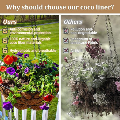 Legigo 4 Pack 16 Inch Hanging Basket Coco Liners Replacement, 100% Natural Round Coconut Coco Fiber Planter Basket Liners for Hanging Basket Flowers/Vegetables