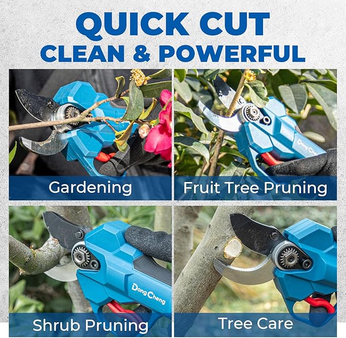 Dong Cheng 20V Brushless Electric Pruning Shears, 4 Cutting Levels up to 35 mm, Professional Brushless Motor, 2.0 Ah Battery, 2 A Charger, SK5 Blade – For Fruit Trees, Gardening
