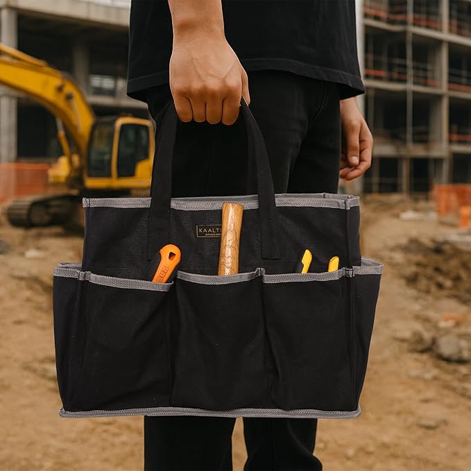 Canvas Tool Tote Bag, Heavy Duty 16oz Waxed Canvas Tool Storage Pouch with 1 Large Compartment & 10 Small Pockets | Multi-Purpose Garden Tool Bag for Horticulturists Mechanics Craftsmen – Black