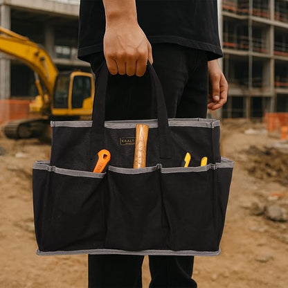 Canvas Tool Tote Bag, Heavy Duty 16oz Waxed Canvas Tool Storage Pouch with 1 Large Compartment & 10 Small Pockets | Multi-Purpose Garden Tool Bag for Horticulturists Mechanics Craftsmen – Black