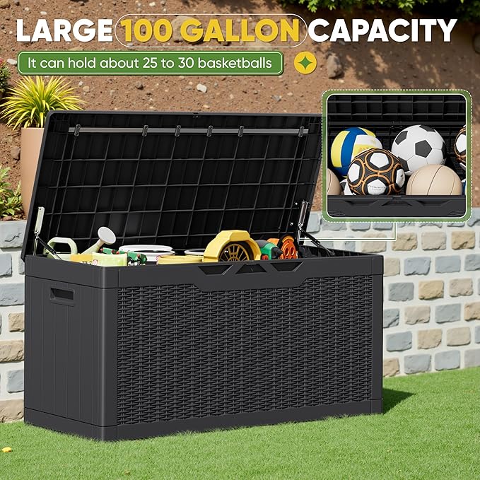 Greesum Outdoor Storage Box 100 Gallon Storage Bin with Lid for Patio Furniture, Garden Tools, Pool Supplies, Lockable, Waterproof and UV Resistant, Black