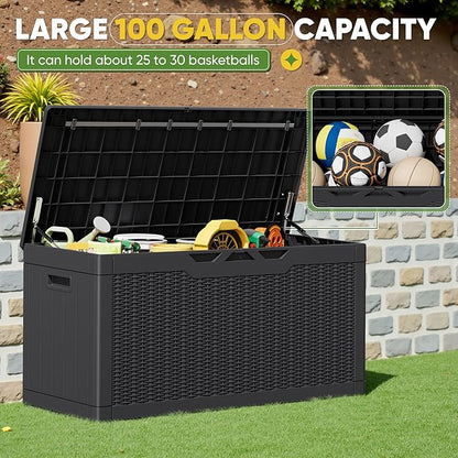 Greesum Outdoor Storage Box 100 Gallon Storage Bin with Lid for Patio Furniture, Garden Tools, Pool Supplies, Lockable, Waterproof and UV Resistant, Black