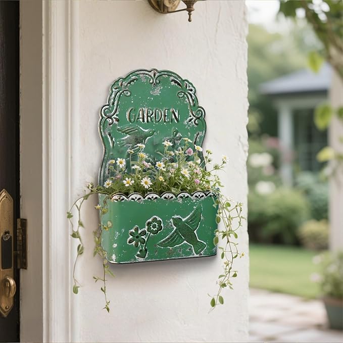 BIG FORTUNE Metal Wall Mount Planter Wall Vases for Flowers Shabby Chic Decor for Rustic Farmhouse Outdoor Decor (DarkGreen)