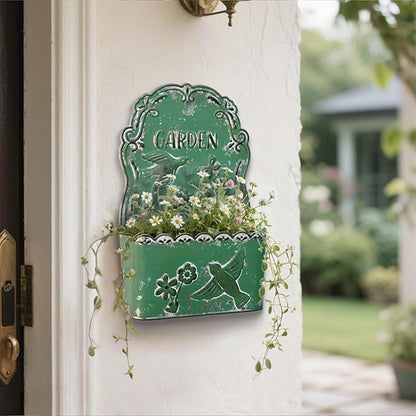 BIG FORTUNE Metal Wall Mount Planter Wall Vases for Flowers Shabby Chic Decor for Rustic Farmhouse Outdoor Decor (DarkGreen)