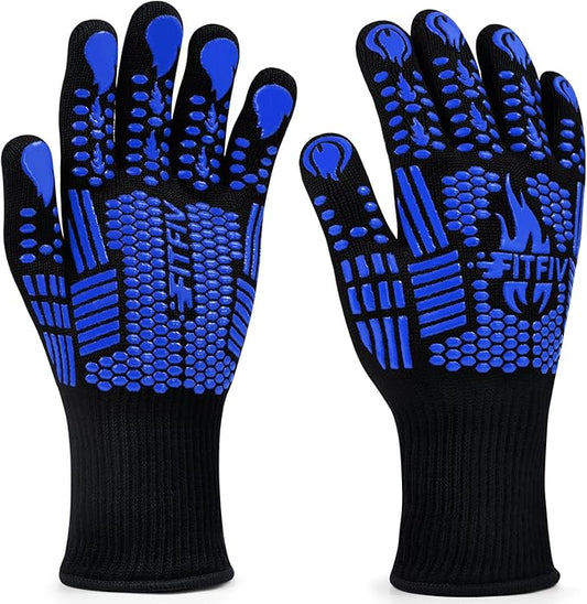 BBQ Gloves, Oven Gloves, Extreme Heat Resistant Barbecue Gloves, Silicone Non-Slip Oven Mitts, Kitchen Gloves for Cooking, Grilling, and Baking (Blue)