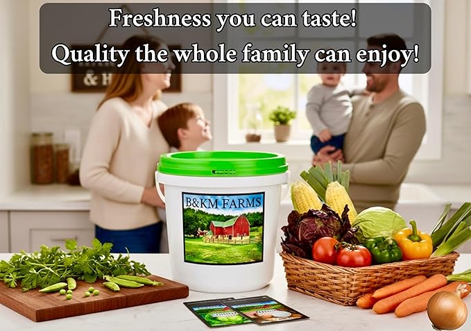 B&KM Farms 20,000+ Survival Seed Kit 5+ Year Supply. 30 Fruit & Vegetable Non-GMO Heirloom Seeds for Planting a Home Garden. Secure Emergency Weather-Proof Bucket