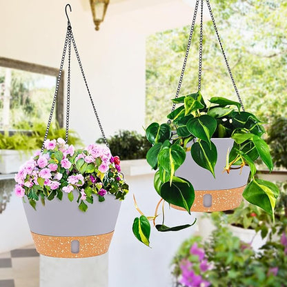 QCQHDU 2 Pack Hanging Planters for Indoor Outdoor Plants, 8 Inch Hanging Baskets Flower Pots with Reservoir Tray & Visible Water-Level