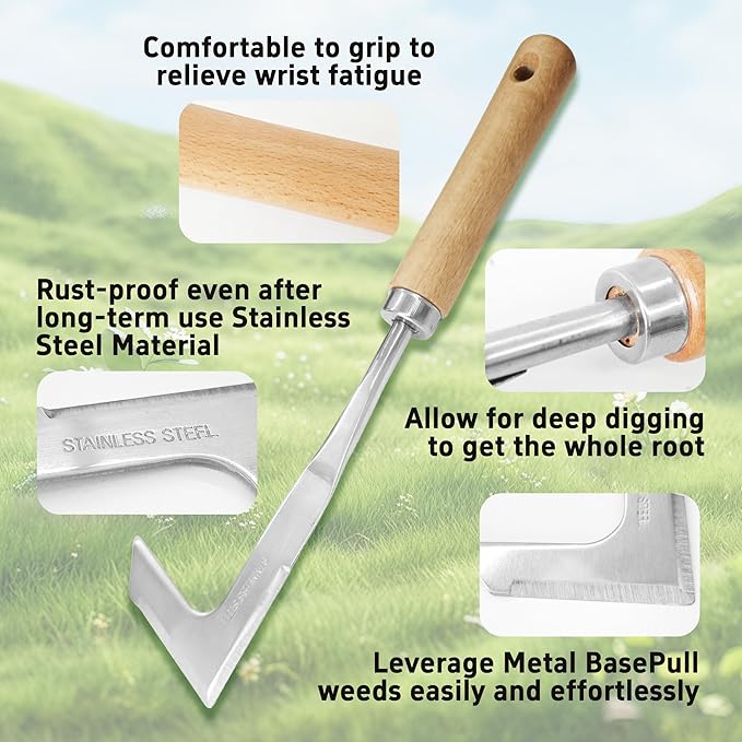 2PCS Garden Weeding Tool Set, Stainless Steel Weed Puller with Ergonomic Wood Handle, Heavy Duty Manual Hand Weeder Fork for Lawn, Farmland & Patio, Deep Root Removal Tool