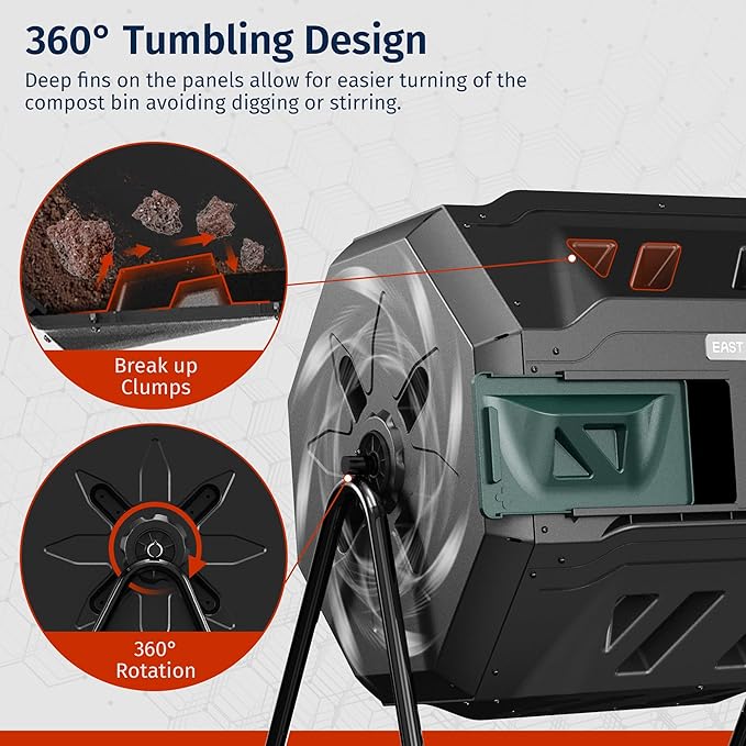 East Oak Compost Tumbler Outdoor, 43-Gal Dual Chamber Compost Bin with 2 Sliding Door and Aeration System, Tumbling Rotating Composter Bin for Kitchen, Garden, Yard