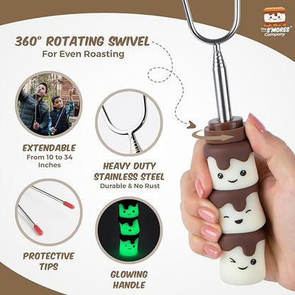 THE S'MORES COMPANY - Glow in the Dark Marshmallow Roasting Sticks - Set of 4 Rotating Smores Sticks - Telescoping Extra Long Marshmallow Sticks for Fire Pit, Campfire & Bonfire - Camping Accessories