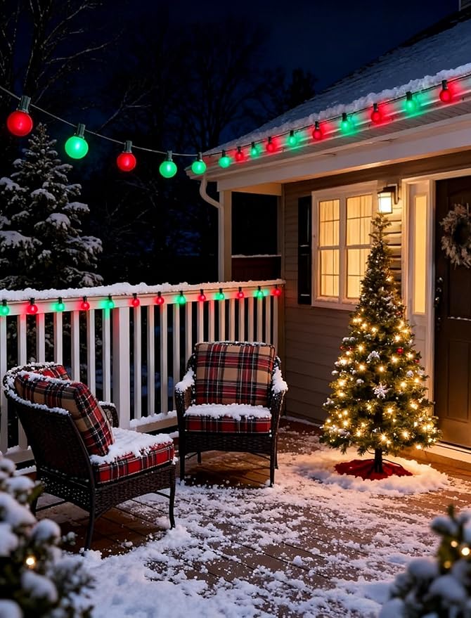 50Ft Outdoor Frosted Red and Green Christmas Lights,LED G40 Globe Patio Christmas Lights with 25 Red and Green Bulbs(2 Spare),Vintage Hanging Light for Tree Garden Porches Xmas Holiday