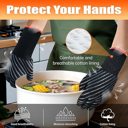 HandLove BBQ Gloves, Oven Gloves with Fingers –1472℉ Heat Resistant Gloves for Grilling | Aramid Retardant Non-Slip Grip, Long Cuff Mitts, Black,L