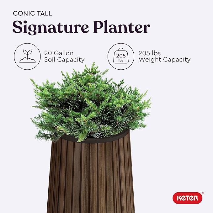 Keter Signature Conic 28.5 Inch Tall Round Large Wood Look Planter for Indoor or Outdoor Flower Pot Ideal for Patio Deck and Front Porch Decor, Rosewood