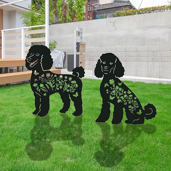 Poodle Metal Garden Stakes Yard Decor, 2PCS Black Poodle Dog Silhouette Statues Garden Decorative Gifts for Yard Art, Patio, Outside, Lawn Ornaments, Christmas, Backyard, Pathway