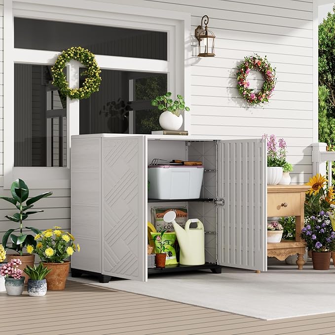 HOMSPARK Indoor/Outdoor Storage Cabinet with Doors, 34”x15”x34” HDPE Plastic Storage Box for Bedroom, Bathroom, Living Room, Balcony, Multi-Purpose for Daily Tools, White